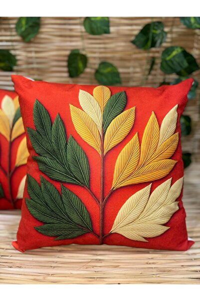 Ekodoğa 3D Dijital Baskı 2'Li Turuncu Zemin Üzerine Büyük Yaprak Desenli Kırl...