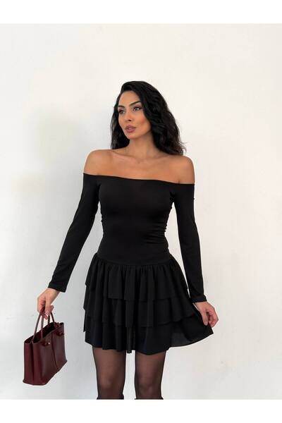 Cuyka Off Shoulder Sandy Fabric Layered Flounce Mini Dress