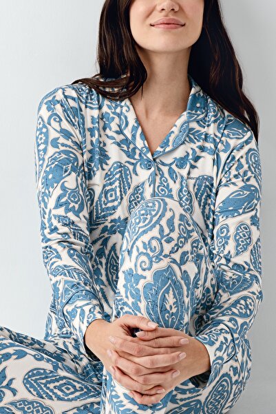 Pierre Cardin Women's Blue Shirt Collar Buttoned Modal-Cotton 2-Piece Pajama Set Vr.11.P90.C76.Y01