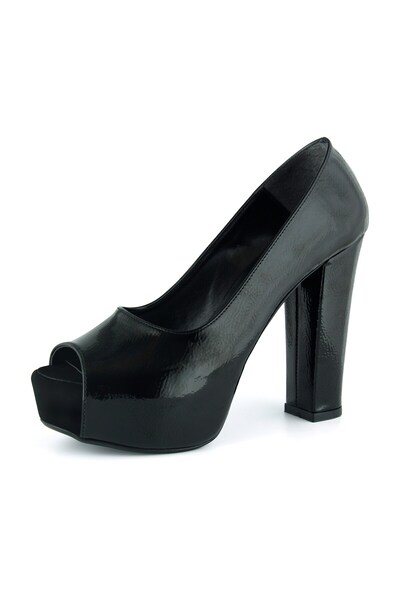 Erkan Saçmacı Carolina Black Patent Leather Open Front Round Toe Thick Platform Heeled Evening Dress Shoes