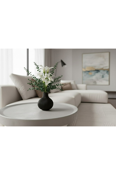 Decorstation Dekoratif Siyah Oval Vazo – Modern Oluklu Tasarım, Hafif & Zarif