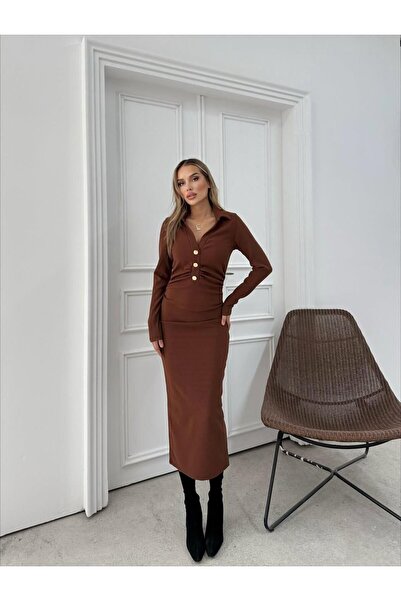 aytenli Polo Neck Long Sleeve Back Slit Gold Buttons Light Drawstring Detail Maxi Length Elegant Ribbed Knit Dress