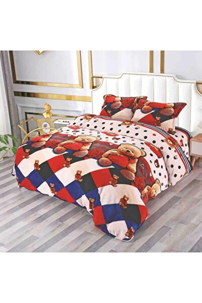 OEM Bed linen, Cocolino, 2 persons, 4 pieces, with elastic, cream blue red, with teddy bears, CC4051