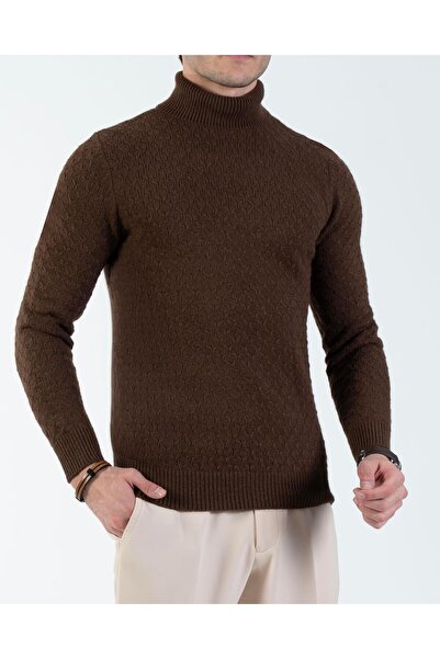 TerziAdemAltun Italian Style S Slim Fit Turtleneck Men's Knitwear Sweater Brown T13005