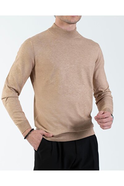 TerziAdemAltun Πλεκτό πουλόβερ με μισό ζιβάγκο ανδρικό στυλ Ιταλίας s εφαρμοστό camel T14878