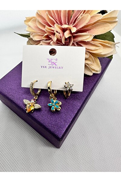 YSX JEWELRY أقراط فولاذية على شكل نحلة وزهرة باللونين الأصفر والأزرق، مجموعة ...