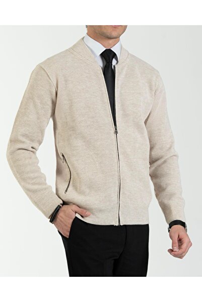 TerziAdemAltun سترة رجالية على الطراز الإيطالي بسحاب باللون البيج T13143