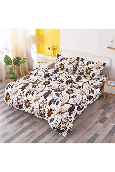 OEM Bed linen, Cocolino, 2 persons, 4 pieces, with elastic, cream color, with brown flowers, CC4049
