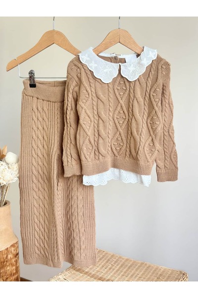 Pinkitokids Collar Detailed Knitwear and Knitwear Comfortable Fit Pants-Brown