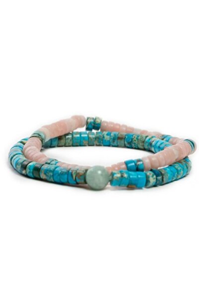 Ezera Set brățări Krishna lucrate manual pentru femei, mărgele turcoaz și cuarț roz, 5mm, 17-18 cm