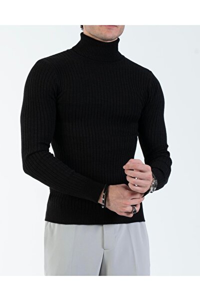 TerziAdemAltun Italian Style S Slim Fit F Corded Fabric High-Neck Knitwear Men's Sweater Black T13148