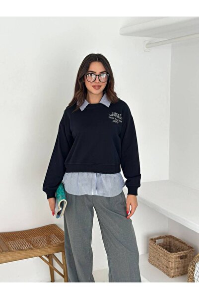 Baschka Çizgili Yakalı Basic Sweatshirt