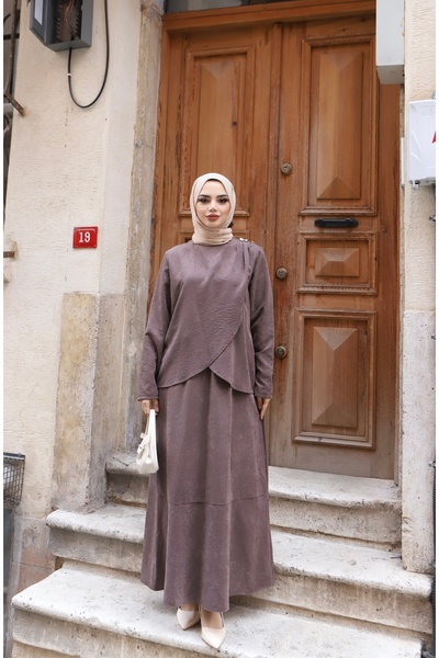 NİSUM MODA Shoulder Pleated Silk Suede Dress