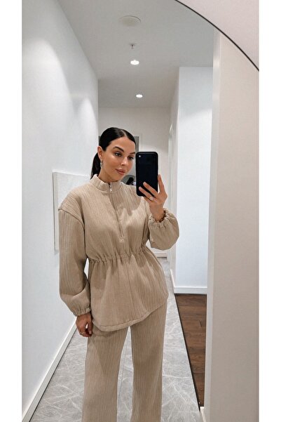 BRTC design Women's Cream Jacquard Textured Innerwear Fleece-Lined D Mock Neck Double Set