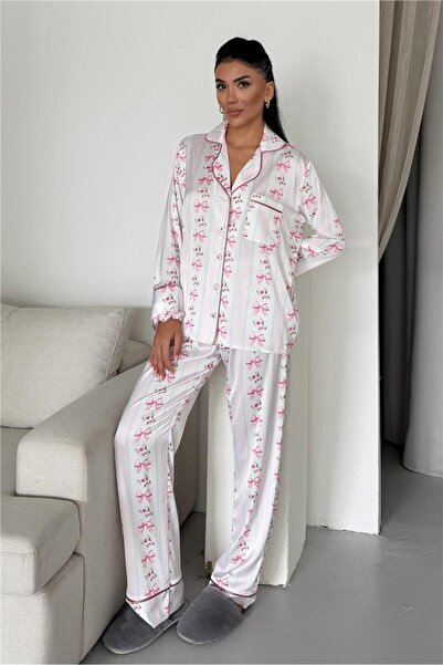 COCCOLARSI Fiocco Rosa Saten Uzun Pijama Takımı