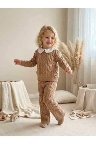 Pinkitokids Collar Detailed Knitwear and Knitwear Comfortable Fit Pants-Brown