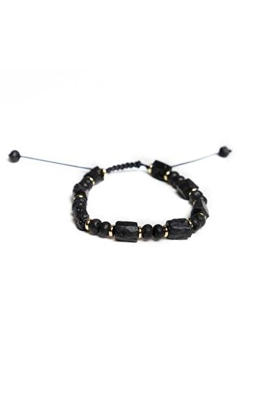 Ezera - Men's cord bracelet with black tourmaline and lava beads, adjustable