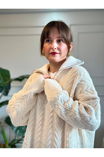 LUUN Ekru Renk Saç Örgüsü Model Boğazı Fermuar Detaylı Kazak