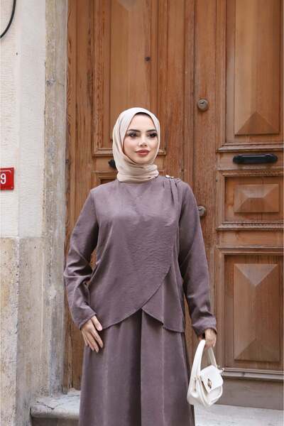 NİSUM MODA Shoulder Pleated Silk Suede Dress