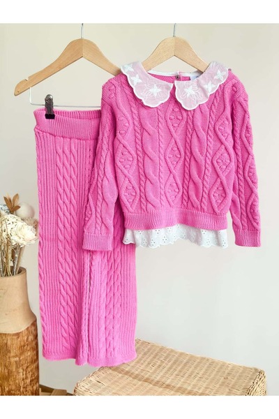 Pinkitokids ملابس تريكو بتفاصيل ياقة وبنطلون مريح من التريكو - وردي