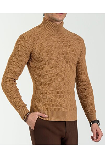 TerziAdemAltun Italian Style S Slim Fit Turtleneck Knitwear Men's Sweater Camel T13250