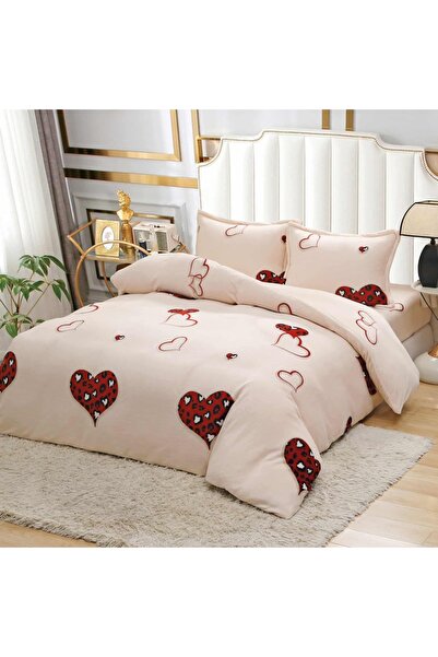 OEM Bed linen, Cocolino, 2 persons, 4 pieces, with elastic, cream, with brown hearts, CC4036