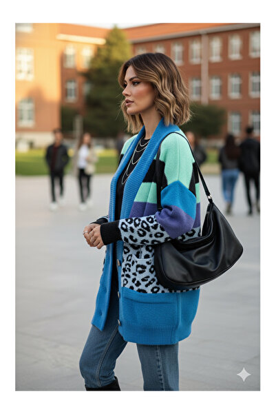 Namaste Vintage Blue Stripe Collar Leopard Detailed Colorful Oversized Yumoş Cardigan