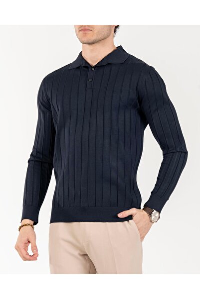 TerziAdemAltun Italian Style S Slim Fit Polo Neck Knitwear Sweater Navy Blue T14490