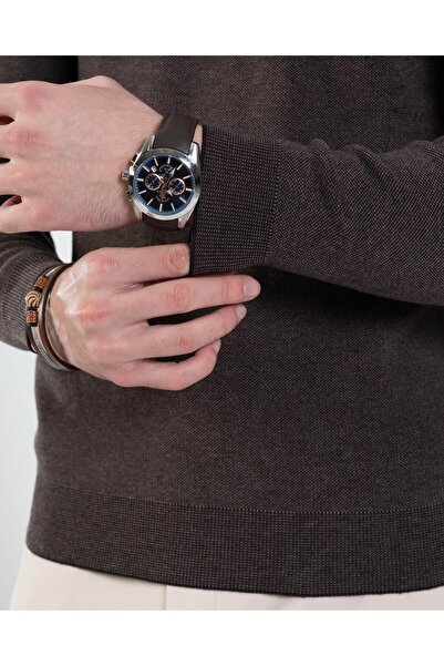 TerziAdemAltun Italian Style S Slim Fit Men's Half-High Collar Zipper Knitwear Sweater Brown T14870