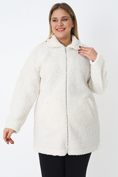 İntensive Women's Plus Size White Zippered Pocket Soft Teddy Plush Long Sleeve Cardigan