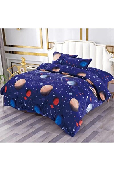OEM Lenjerie de pat, Cocolino, 2 persoane, 4 piese, cu elastic, albastru , cu planete, CC470