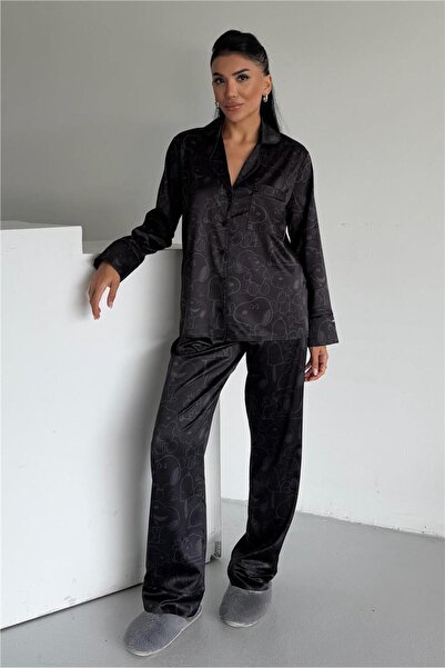 COCCOLARSI Cagnolino Carino Siyah Saten Uzun Pijama Takımı