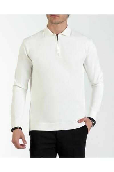 TerziAdemAltun Italian Style S Slim Fit Zipper Polo Neck Knitwear Sweater White T14509