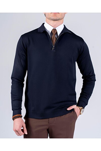TerziAdemAltun Italian Style S Slim Fit Zipper Polo Neck Knitwear Sweater Navy Blue T14511