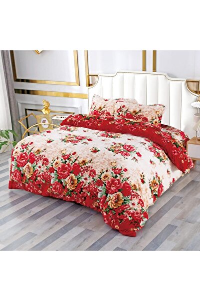OEM Bed linen, Cocolino, 2 persons, 4 pieces, with elastic, cream, with red flowers, CC456