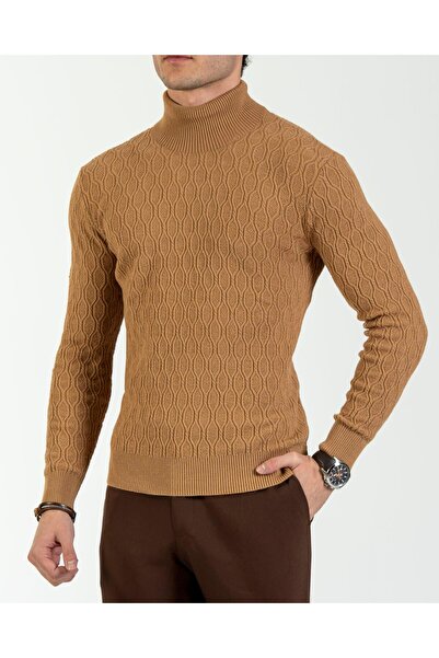 TerziAdemAltun Italian Style S Slim Fit Turtleneck Knitwear Men's Sweater Camel T13250