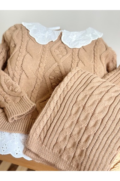 Pinkitokids Collar Detailed Knitwear and Knitwear Comfortable Fit Pants-Brown