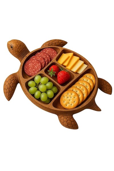 OEM Premium Serving Platter Flippy Made of Solid Wood, Turtle Design, 3 Compa...