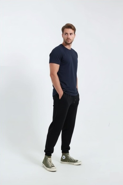fh fashionhere Men's Elasticated Cuffs 3 Thread Cotton Soft Jogger Black Sweatpants
