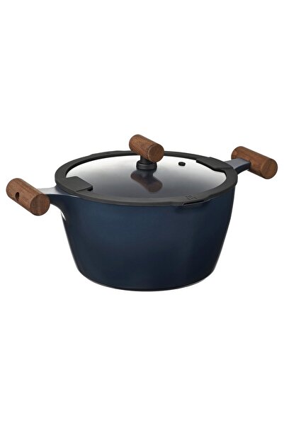Generic Pot with lid, non-stick coating, glass/wood, black-blue, 5 l