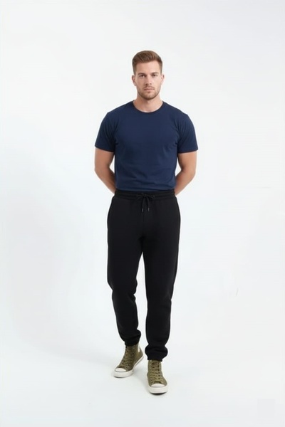 fh fashionhere Men's Elasticated Cuffs 3 Thread Cotton Soft Jogger Black Sweatpants