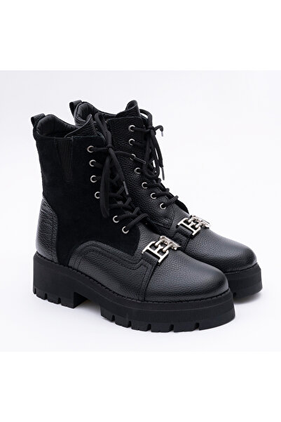 VAGAM Black Genuine Leather Boots with Laces and Zipper