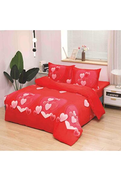 OEM Bed linen, Cocolino, 2 persons, 4 pieces, with elastic, red, with red hearts, CC4046