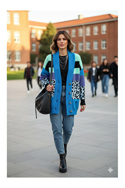 Namaste Vintage Blue Stripe Collar Leopard Detailed Colorful Oversized Yumoş Cardigan