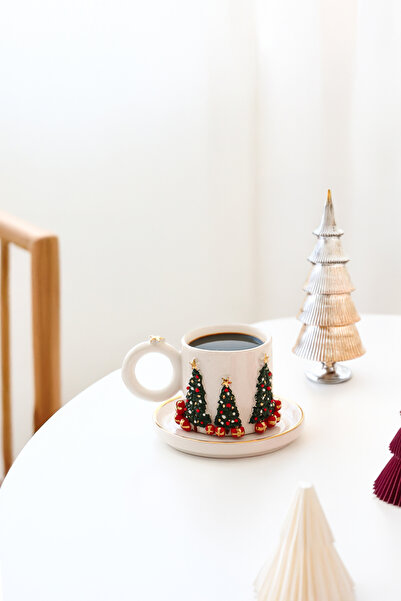 SİNEM YAMAN HOME New Year's Pine Tree Ceramic Cup / Handmade Ceramic Cup