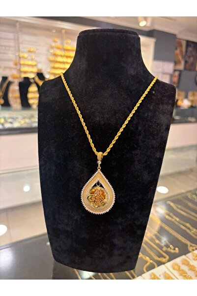 imitasyon dünyası 22 Ayar Altın Kaplama Damla Model Yeşil Taşlı Tuğralı Kolye