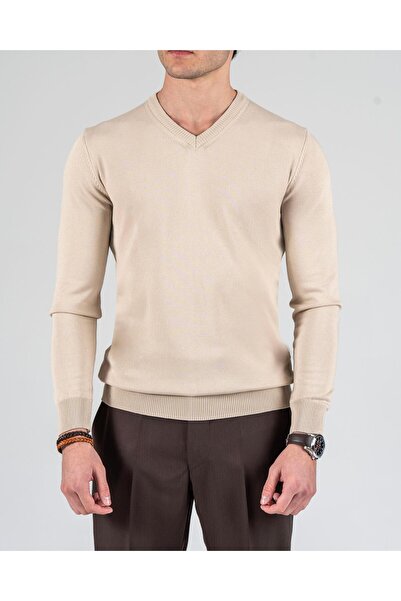 TerziAdemAltun Italian Style S Slim Fit Men's V-Neck Knitwear Sweater Beige T8737