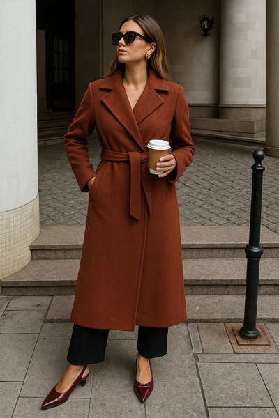 comstar Women's Winter Belted Long Double-Breasted Tile Cashmere Coat