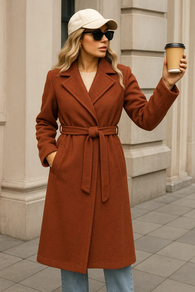 comstar Women's Winter Trend Belted Long Tile Cashmere Coat