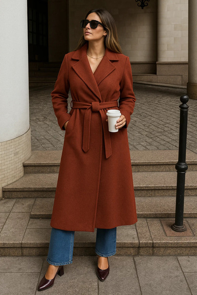 comstar Women's Winter Belted Long Double-Breasted Tile Cashmere Coat